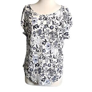 Rachel Zoe 100% Linen XL Blue White Floral Tunic Top Boxy Cap Sleeve Blouse